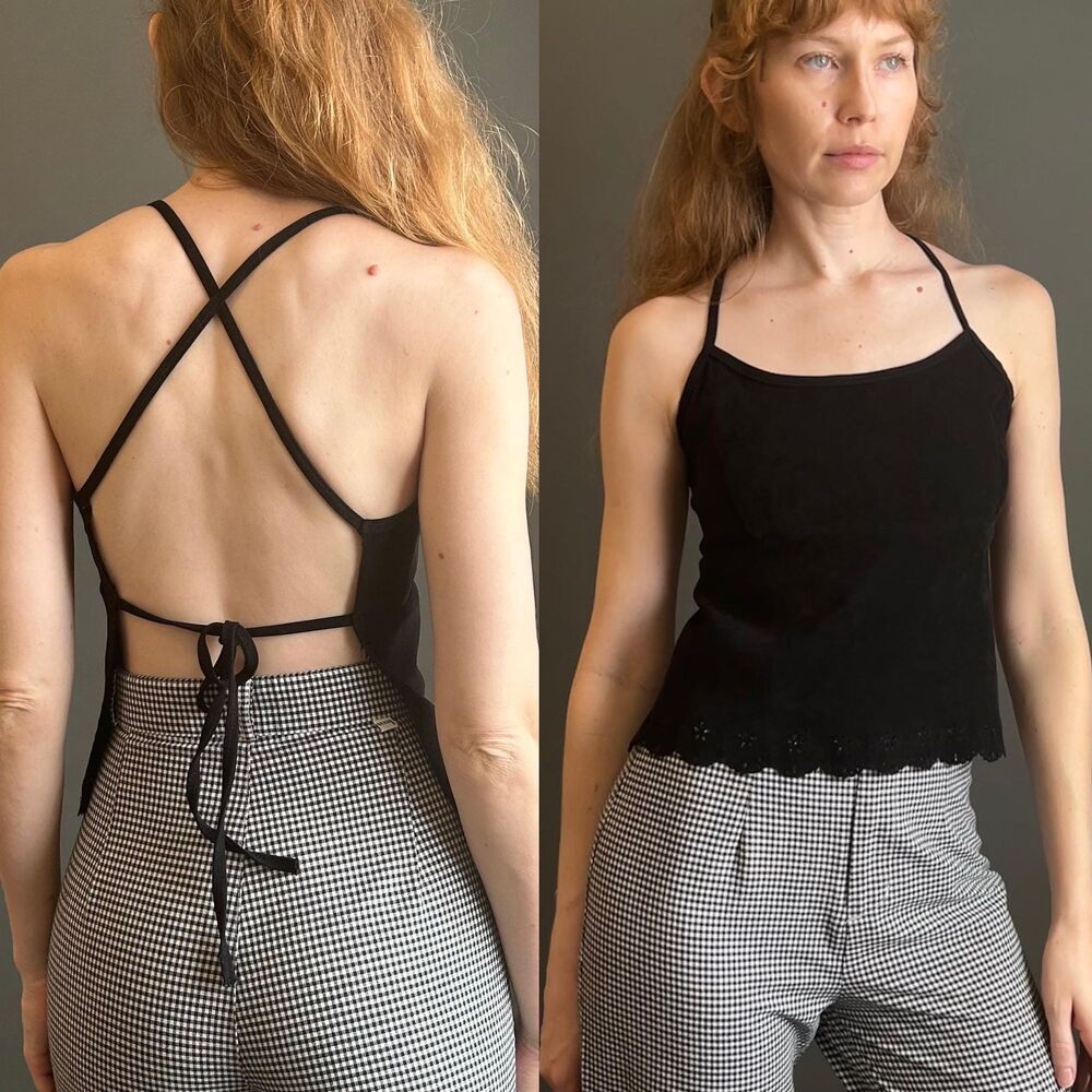 Y2K Vintage Faux Suede Open Back Top, XS